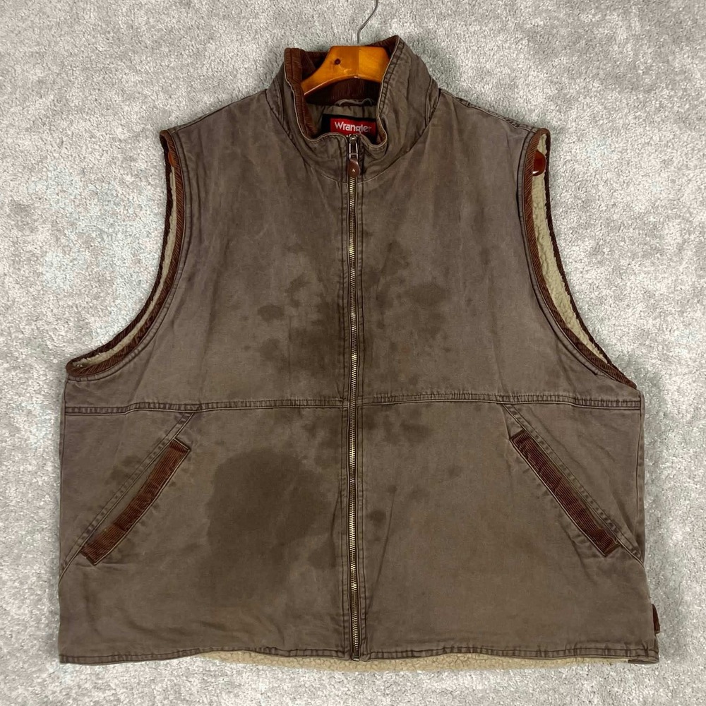 Wrangler Hero Mens 2XL Brown Canvas Sherpa Lined Workwear Vest Corduroy Trim